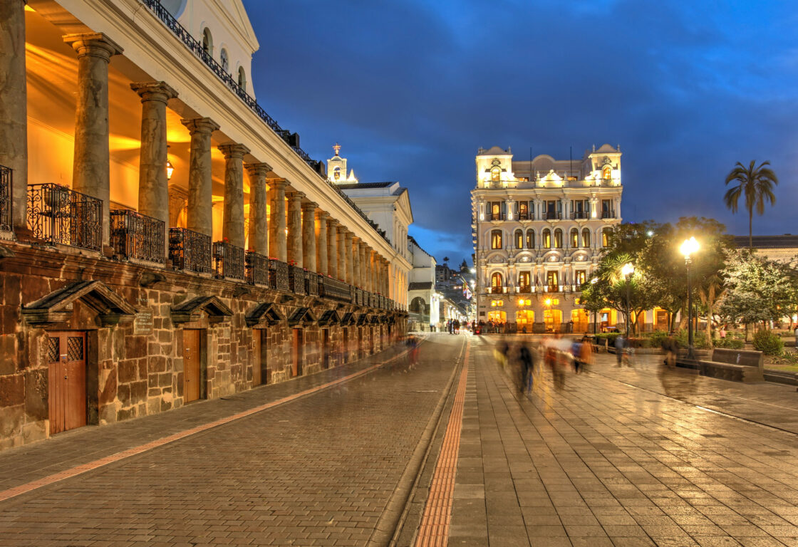 Night scene of Plaza Grande (Plaza de la Independencia) in Quito, Ecuador featuring Carondelet Palace (Palacio de Carondelet), the seat of Ecuador government.
