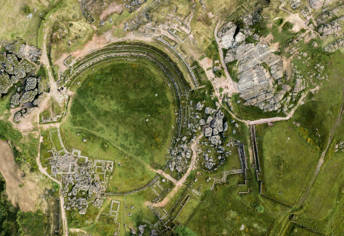 Aerial shot of Archeological inca ruins site in Cusco, Peru Sacsayhuaman