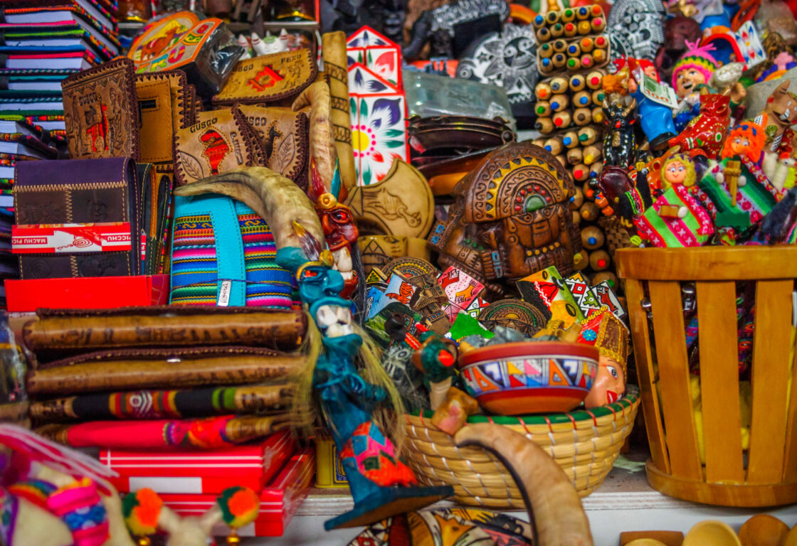 Close-up of souvenirs of Peru, in San Pedro market of Cusco