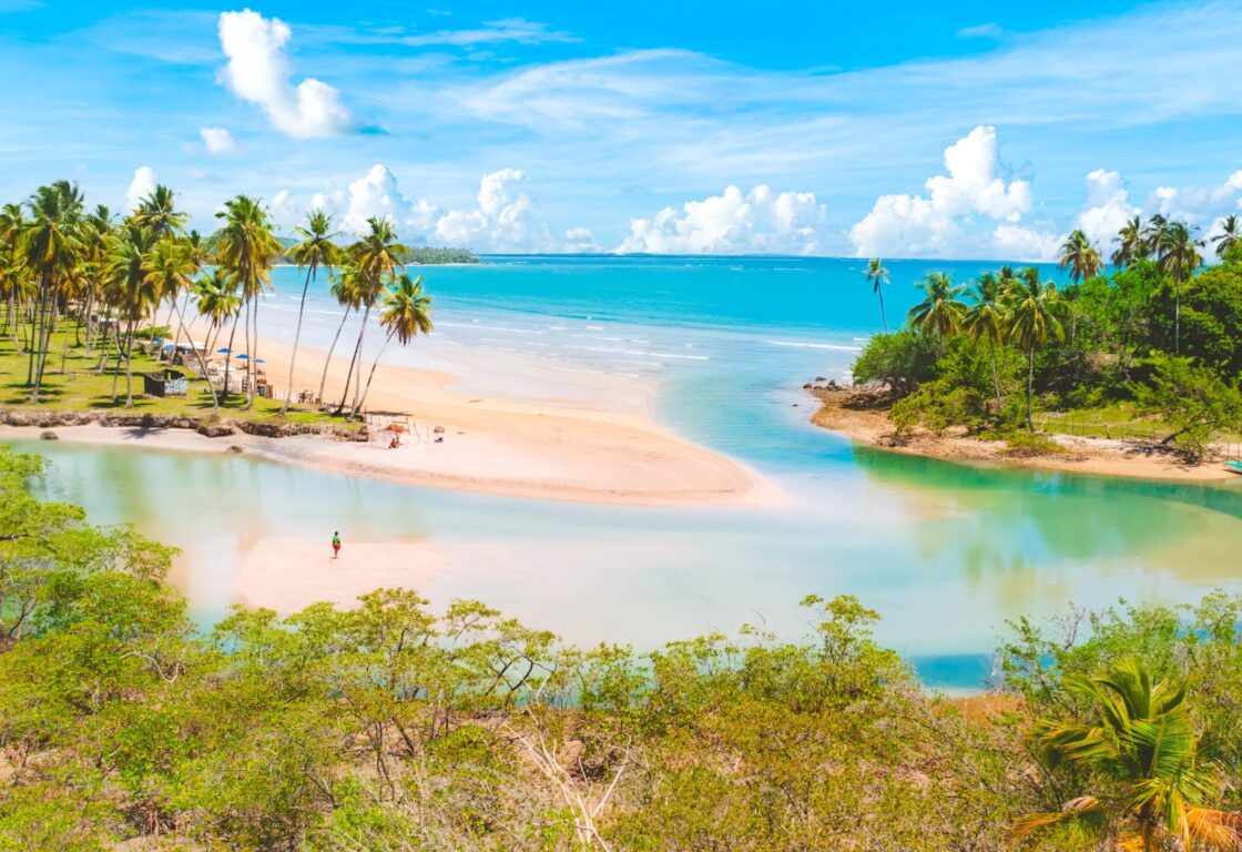 Beautiful beach, greenery and turquoise water at Isla Boipeba, Brazil
