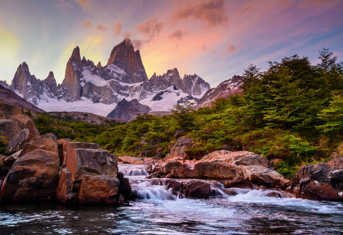 Fitz Roy mountain near El Chalten, in the Southern Patagonia, on the border between Argentina and Chile. Sunset view from track