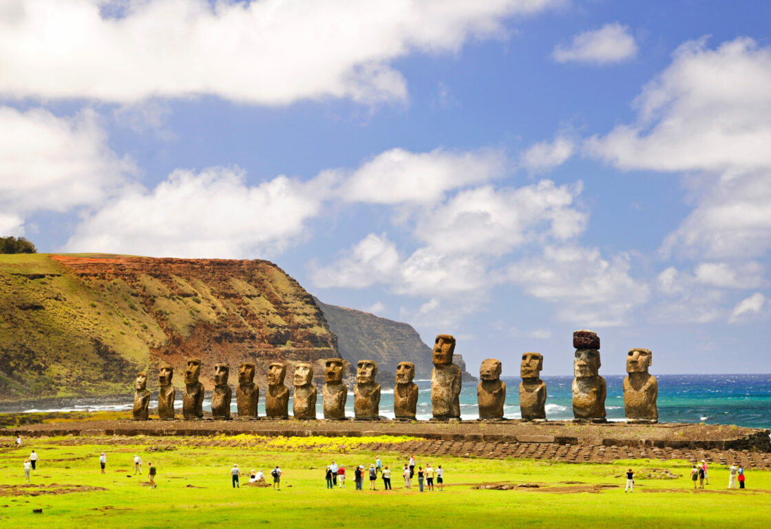 famous statuies resembeling people - Moais of Ahu Tongariki on Easter Island, Chile.