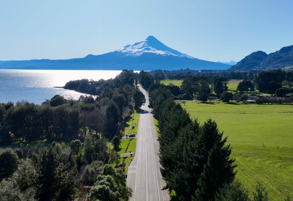 Patagonia Road At Puerto Varas In Los Lagos Chile. Volcano Landscape. Sky Clouds Background. Los Lagos Chile. Road Trip Mountain. Patagonia Road At Puerto Varas In Los Lagos Chile.