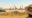 Panoramic landscape with herd of giraffes, safari game drive vehicle and a tourist on a hat in front.