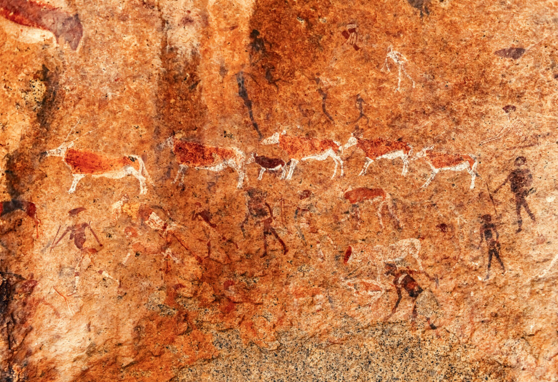 Prehistoric archeological sign. Bushmen rock paintings White Lady in Brandberg mountain area in Namibia, Africa