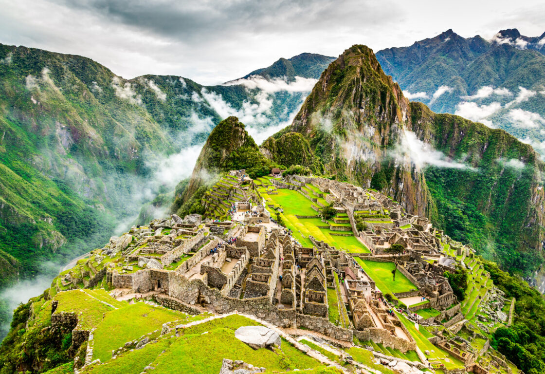 an aerial view of Machu Picchu, Peru - Ruins of Inca Empire city,