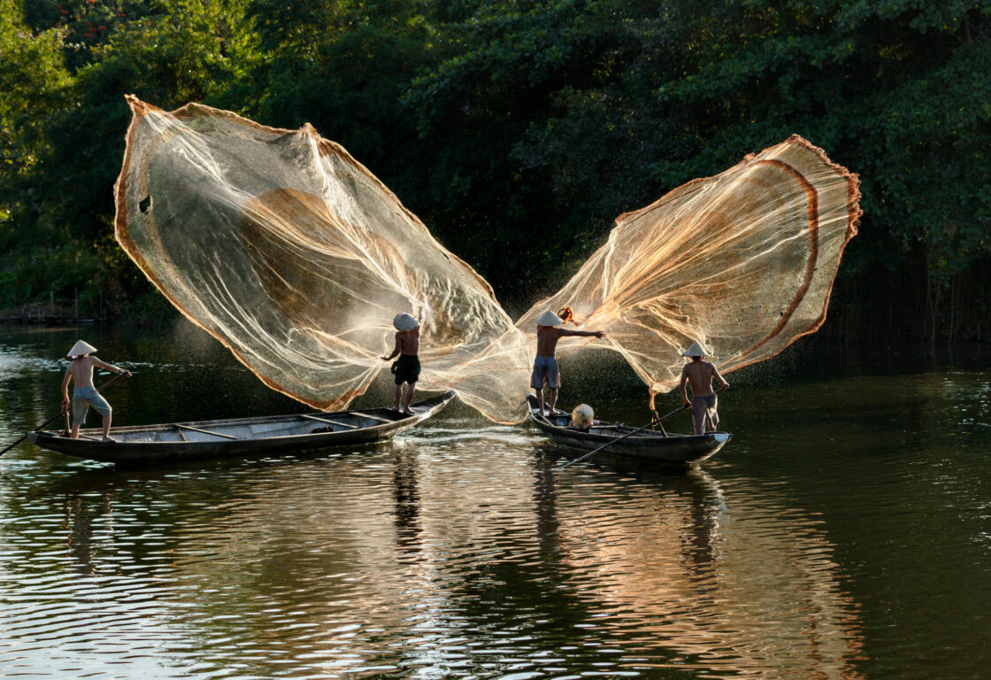 two low pointed boats sit on a calm area of a river and on each boat two men stand wearing pointed cone hats throwing nets into the water and the nets are fanned out in a large shape as they fall
