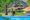 a view from a pool over lush green garden and onto a wooden style safari lodge in Arusha