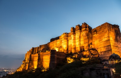 Night view of the spectacular Mehrangarh Fort