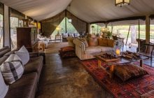 The chic main guest lounge at Machaba Camp